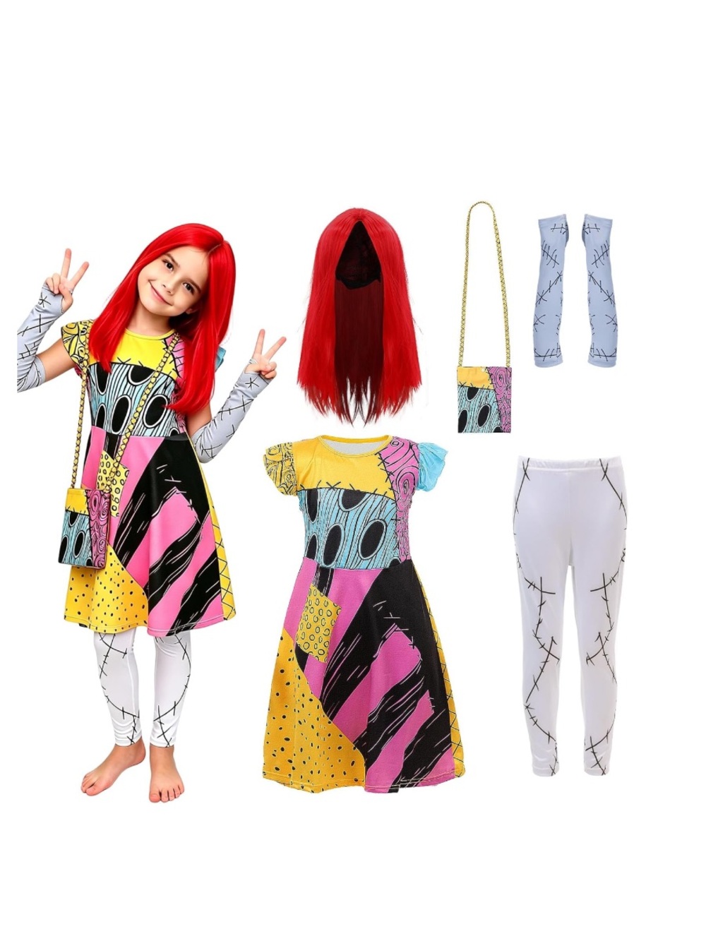 Sally Halloween Costume Dress with Wig,Bag Tights and Gloves 6-7Y